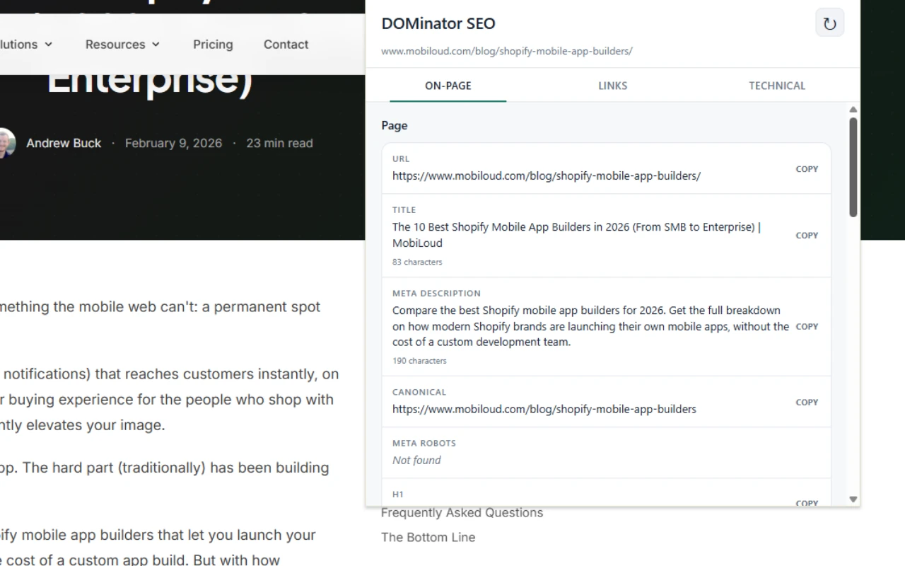 The DOMinator SEO extension panel open over a blog post, showing the on-page tab with the page URL, title, meta description and canonical